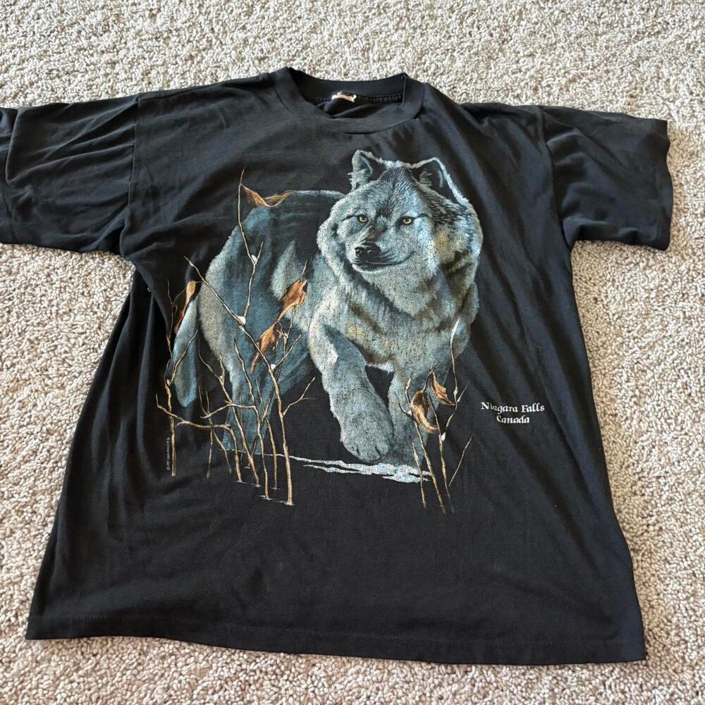 Vintage 90s Wolf Animal Nature Dog Scene T-Shirt L